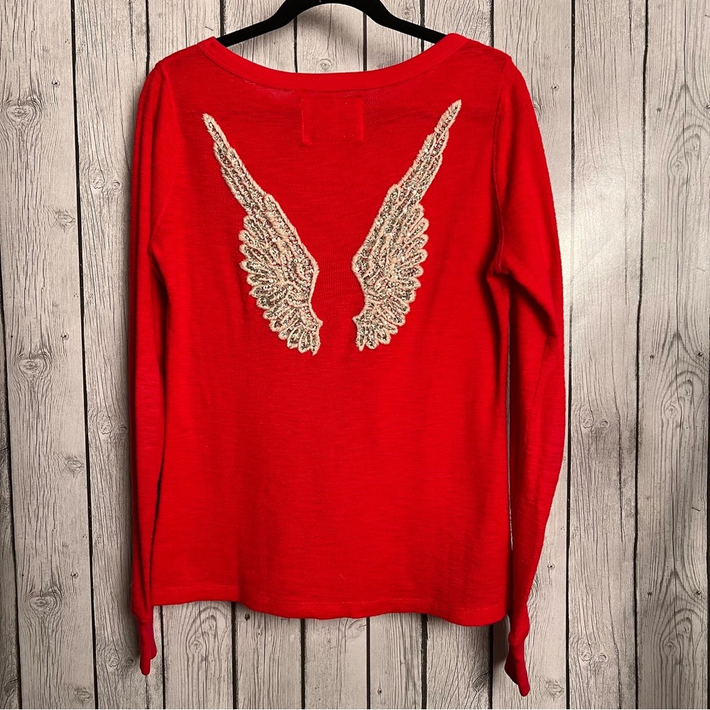 Twisted Heart Rhinestone Angel Wing Longsleeve Shirt Red Waffle Knit